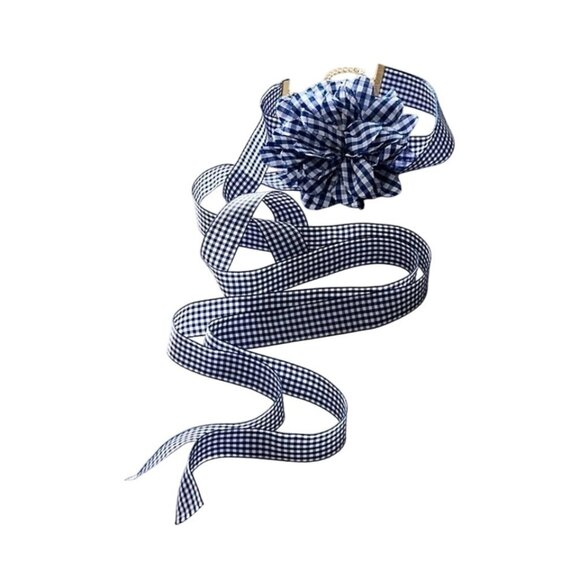 Free People Jewelry Your Favorite Printed Flower Necklace Blue/White Gingham NWT - Picture 1 of 2